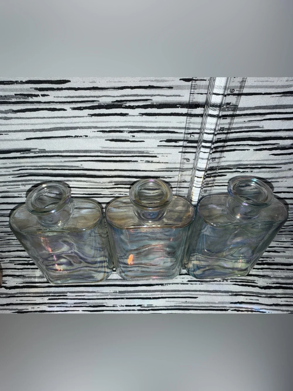 Set of 3 Clear Vases / Bottles With Carnival Glass Like Glaze.